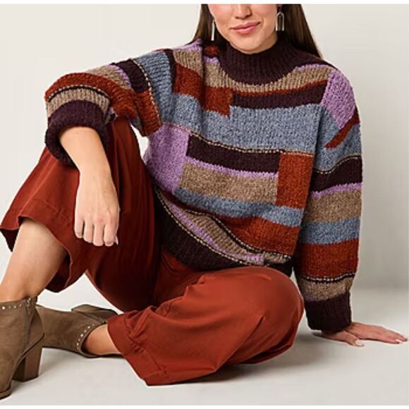 NWT a.n.a. Women’s Patchwork Sweater Large Colorblock Long Sleeve Boho Brown NEW - Picture 3 of 14